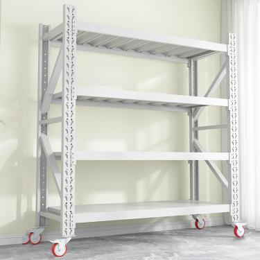 Imagem de Yadlan Prateleiras de garagem com rodas, prateleiras de armazenamento com rodas resistentes, 4 níveis ajustáveis organizam prateleiras de garagem para armazém, porão, oficina, despensa branca 122 cm L