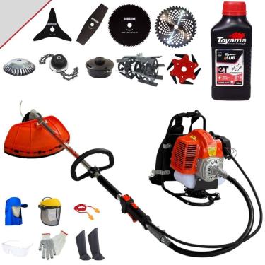 Imagem de Roçadeira Costal Terra C/ Carretel + Faca 2 Pontas + 3 Pontas + 6 Pontas + 40 Dentes Vídea + 80 Dentes + Trimmer + Escova + Enxada + Óleo Toyama + EPI