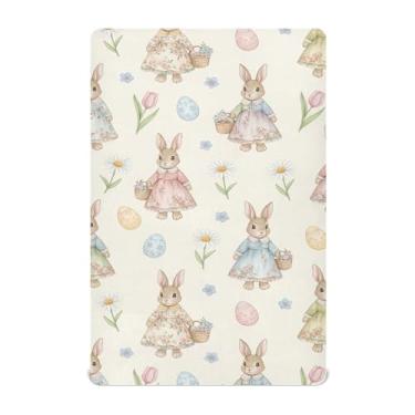 Imagem de SEHANY Lençol de berço de coelho fofo para meninos e meninas, macio, respirável, elástico, lençol com elástico padrão para bebês de 27 x 99 cm