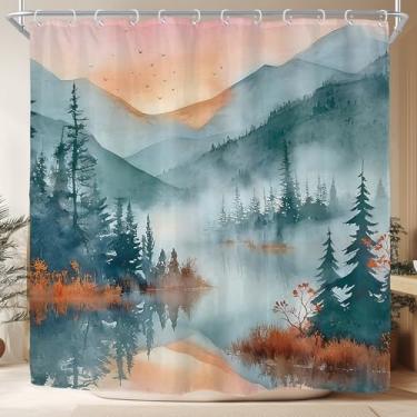 Imagem de Riyidecor Cortina de chuveiro de floresta de montanha para decoração de banheiro 72Lx72H natureza verde paisagem pinheiro pintura a tinta nebuloso pôr do sol arte impressa tecido poliéster impermeável