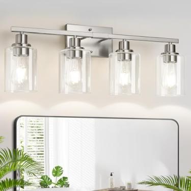 Imagem de MOKATNG Luminária de banheiro de 4 luzes, luminária de banheiro com persianas de vidro transparente, luminárias de banheiro de níquel escovado sobre espelho, lâmpada de parede de banheiro moderna para