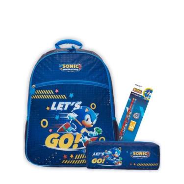 Imagem de Kit Mochila Costas Sonic Escolar Meninos E Estojo Triplo - Pacific, Az