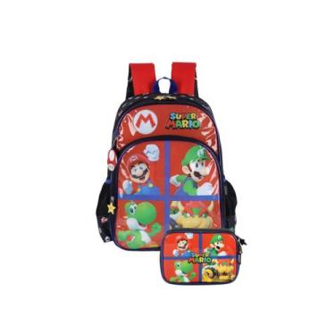 Imagem de Kit Mochila Costas Estojo Box Super Mario 100 Pens Infantil, Vermelho