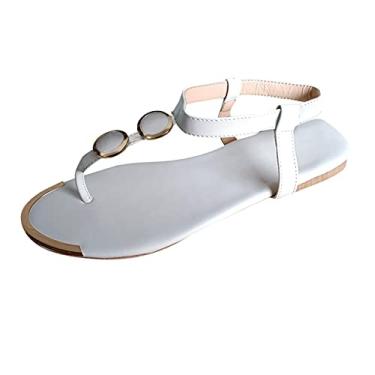 Imagem de Sandálias planas femininas com tira sandálias femininas de dedo do pé com fivela chinelos casuais romanos verão sandálias abertas femininas, Branco, 7.5