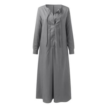 Imagem de Saia rodada cor sólida lapela manga longa simples casual camisa longa vestido feminino vestidos longos, Cinza, 3G