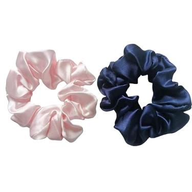 Imagem de Laços de cabelo de seda de amoreira - Pacote com 2 elásticos grandes de seda para mulheres - Acessórios de cabelo sem danos (azul noturno e rosa)