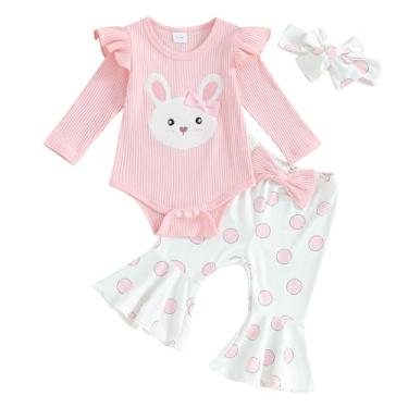Imagem de Laiyqifaudy My First Easter Conjunto de calça de bebê recém-nascida Páscoa coelho macaquinho e calça de sino faixa de cabeça, rosa, 0-3 Meses