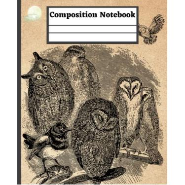 Imagem de Caderno de composição pautado na faculdade: ilustração gótica vintage de coruja, capa estética