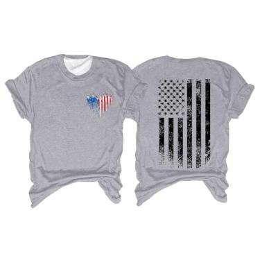 Imagem de Camiseta feminina com bandeira da América, roupa do quarto de julho, roupa do Memorial Day, camiseta patriótica feminina de manga curta, #4 - Cinza, P