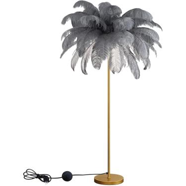 Imagem de Abajur de penas de 160 cm com lâmpada G4-LED, abajur de penas com interruptor de pé, abajur de penas naturais de avestruz elegante para quarto, sala de estar, cinza