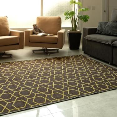 Imagem de Tapete Estampado Antiderrapante 200x150cm Cinza e Amarelo Para Sala e Quarto Design Moderno e Elegante Ideal Para Decoração de Ambientes Conforto e Segurança Para Seu Lar