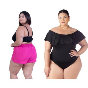 Imagem de Kit Short Feminino Plus Size Saída De Praia + Body Babado Ciganinha Co