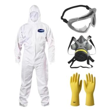 Imagem de Kit Macacão de Proteção Óculos de Segurança Ampla Visão Spider Máscara Respirador Luva de Proteção Látex EPI (Branco/Verde, M)
