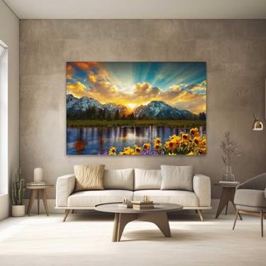 Imagem de Quadros Decorativos para Quarto Sala 40x60 Montanhas com Girasol Paisagem Grande Escritório Hall