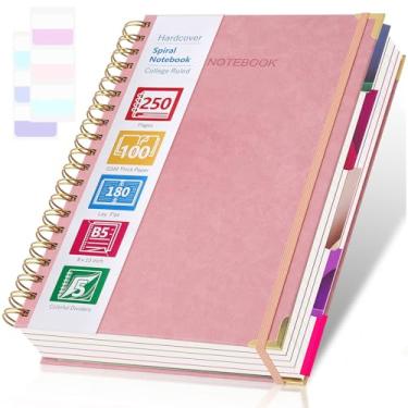 Imagem de Caderno espiral, pautado para faculdade, caderno de 5 assuntos com divisórias, cadernos de capa dura para trabalho, escola, anotações, caderno de couro de 250 páginas para mulheres e homens, caderno