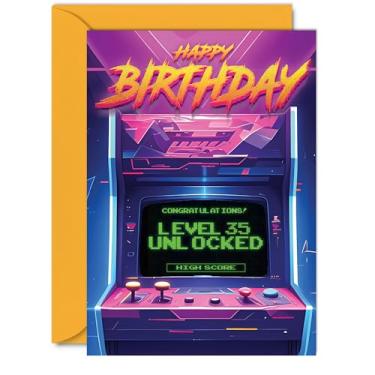 Imagem de Cartões de aniversário 35th Gamer para homens e mulheres - Nível 35 desbloqueado - Cartão de feliz aniversário de 35 anos para irmão irmã tio tia amigo, A5 Thirty-Five Thirty-Fifth Bday Video Game