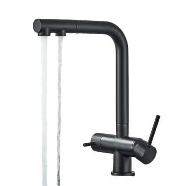 Imagem de Torneira de latão com filtro para cozinha, torneira giratória com spray retrátil, torneira dupla para água potável, misturador de pia, preto fosco