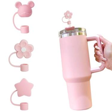 Imagem de Puprlepro Capas de canudo rosa fofas para copo Stanley 10 mm silicone reutilizável topo de canudo para copos Stanley acessórios (conjunto rosa 1, 3 peças)