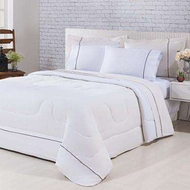 Imagem de Kit Edredom 100% Algodão Percal 150 Fios Dupla Face Solteiro + Jogo De Cama 5 Peças - Palha-branco