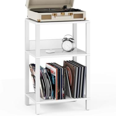 Imagem de TUTOTAK Suporte para toca-discos com armazenamento de até 100 álbuns, mesa de armazenamento de discos, mesa de canto de 3 níveis, mesa lateral para sala de estar, quarto, branco TB01BW075