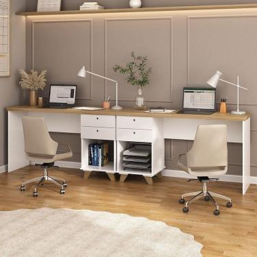 Imagem de Kit Home Office e Escritório Completo para 2 Pessoas - 2 Peças - Escrivaninha Sky Retrô Olmo/Branco