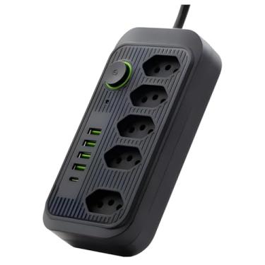 Imagem de Filtro de Linha com 5 Tomadas, 4 Portas USB, 1 USB Tipo-C, Cabo de 2m Extensão de Tomadas Suporte a 110-220V Potência de 2500W. Ideal para Carregar Dispositivos com Segurança e Praticidade (Preto)
