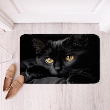 Imagem de jejeloiu Tapete de porta de lã macio de gato preto com estampa de gato fofo para meninos e meninas, desenho kawaii, animal, antiderrapante, tapete de banho, decoração de quarto de animal de estimação