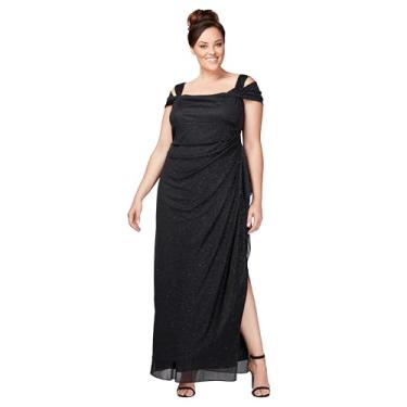 Imagem de Alex Evenings Vestido feminino plus size longo ombro vazado com saia franzida, Glitter preto, 52