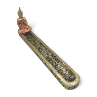 Imagem de Incensário Vareta Buda Tibetano Detalhes Flores Bronze 20cm