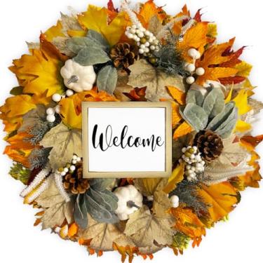 Imagem de Guirlanda de outono para porta da frente, guirlanda de outono de 50 cm com folhas de bordo, bagas, pinhas e abóboras, decorações de outono para o dia de Ação de Graças, quinta, casa, festival de