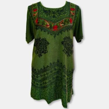 Imagem de Vestido Curto Indiano Plus Size Manga Curta Bordado Colorido - Sarat M