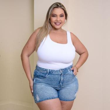 Imagem de Short Jeans Plus Size Marmorizado Com Detalhes Strass Rasgado a Laser 