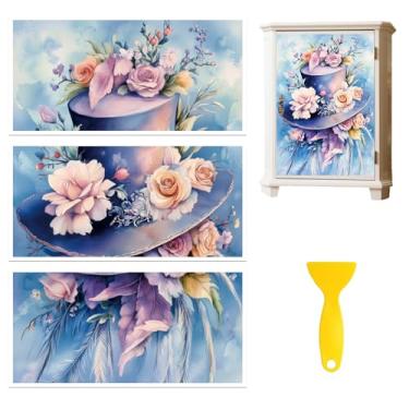 Imagem de Peacoblue Adesivo decalque de transferência para decoração de móveis artesanato 15 x 30 cm chapéu floral de conto de fadas, 3 peças à prova d'água UV DTF transferência para gaveta cômoda vidro