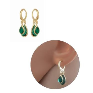 Imagem de Brinco Argolinha com 2 Pingentes de Cristal Verde Oliva Folheado Ouro 