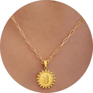 Imagem de Colar com pingente circular inicial A-Z, joia personalizada de aço inoxidável com bordas decorativas, adequado para mulheres, F, Aço inoxidável, Sem Pedra Preciosa