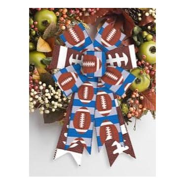 Imagem de 2 peças de laços de guirlanda de futebol americano, laços de futebol para guirlanda, tiras azuis e cinzas, decoração de serapilheira de futebol americano, laços de fita de tecido esportivo para