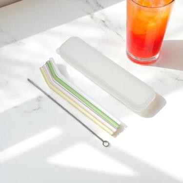 Imagem de Generic 1 conjunto de canudos, pacote com 4, conjunto de canudos dobrados reutilizáveis com escova e estojo de armazenamento, lavável à mão, vidro borossilicato alto, verde, rosa, amarelo