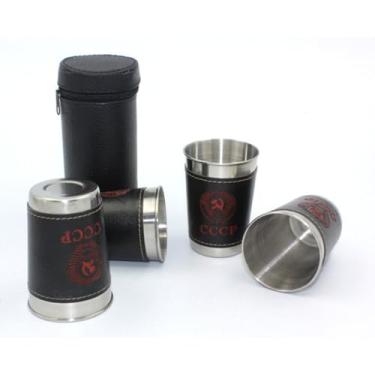 Imagem de Conjunto de 4 peças para copo de vodka 304 PU coldre de aço inoxidável mini copo de vinho portátil personalizado 30ml/75ml/170ml conjunto de copos de shot (170 ml)