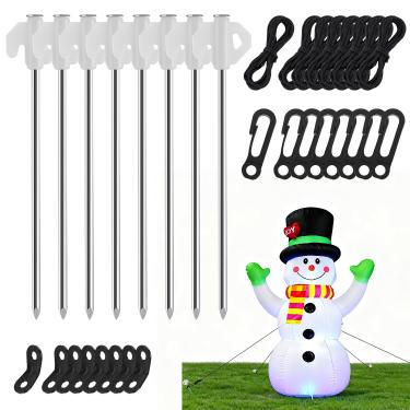 Imagem de Conjunto de 8 peças de estacas e cordas infláveis de metal, estacas de metal resistente com cordas, ganchos e ajustadores, kit de âncora de jardim para decorações de Halloween e Natal ao ar livre