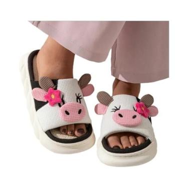 Imagem de Chinelo Feminino de Inverno - Linho e Algodão, Design de Vaca, Solado 