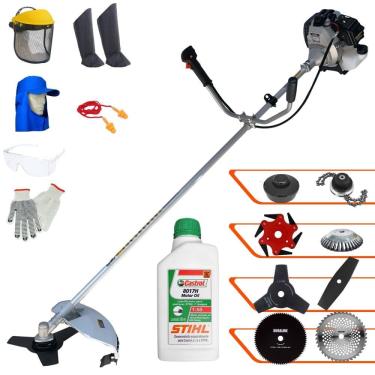 Imagem de Roçadeira Toyama TBC43H À Gasolina 1,7HP 43cc Ideal Para Todos os Tipos de Trabalho Com Carretel Nylon + Kit de 7 Opções de Cortes + EPI + ÓLEO STIHL