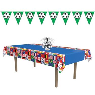 Imagem de Beistle Conjunto de decoração de festa de futebol – Capa de mesa com bandeira internacional, faixa de flâmula de bola de futebol e mini peça central em cascata, decorações esportivas para celebrações