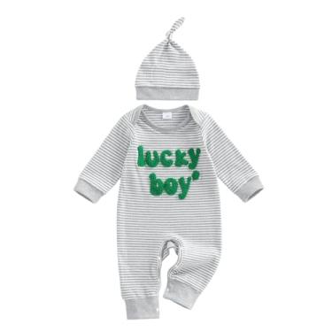 Imagem de Eurvoku Newborn Infant Baby Boy St Patricks Day Outfit Lucky Boy Embroidery Waffle Knit Long Sleeve Romper Jumpsuit with Hat (Striped-Gray, 0-3 Months)