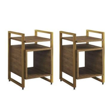 Imagem de Kit 2 Mesas De Cabeceira Industrial Marrocos Ferro Dourado E Tampo Freijó