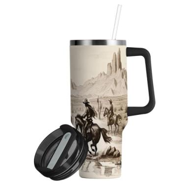 Imagem de ATTX Copo caubói americano de 850 g com alça, copo de aço inoxidável a vácuo de parede dupla com palha, caneca de café de viagem isolada #696