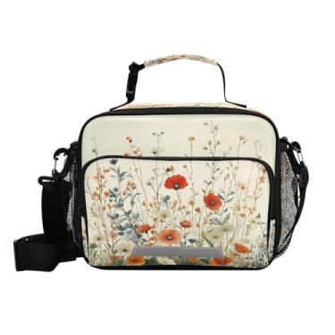 Imagem de ATTX Lancheira elegante com isolamento de flores silvestres – Bolsa térmica grande reutilizável com alça removível, lancheira isolada para trabalho, praia, piquenique #415
