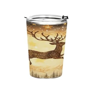 Imagem de Blueangle Copo de 340 g com tampa e canudo, copo de café com água isolada a vácuo de aço inoxidável, caneca de viagem Golden Deer copo térmico para bebidas quentes e frias (714)