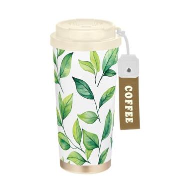 Imagem de SEHANY Caneca de viagem Green Leaves de 482 ml Copos de café reutilizáveis revestidos de cerâmica com tampa à prova de vazamento, parede dupla, isolamento a vácuo, copo de café de aço inoxidável para