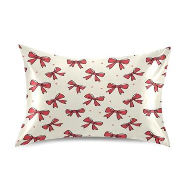 Imagem de Blueangle Fronha de cetim Red Bows para cabelo e pele, fronha de seda, tamanho padrão (51 x 66 cm) - Capas de almofada de cetim refrescantes com fecho de envelope (691)