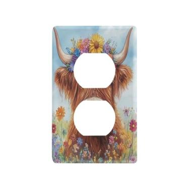 Imagem de Blueangle Placa de parede Flowers Highland Cow Duplex Outlets, tamanho padrão, placas de cobertura de tomada elétrica de 1 gangue para decoração de quarto de escritório em casa, 4,53 x 2,76 polegadas